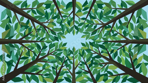A serene view of trees with lush green leaves against a clear blue sky from above