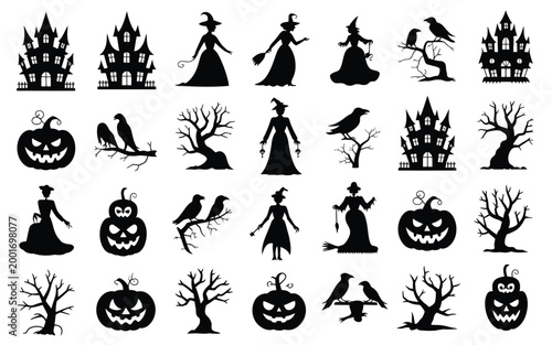 Elegant halloween themed silhouette collection featuring witches jack o' lanterns haunted houses and autumnal trees in striking black outline artistry against a clean white