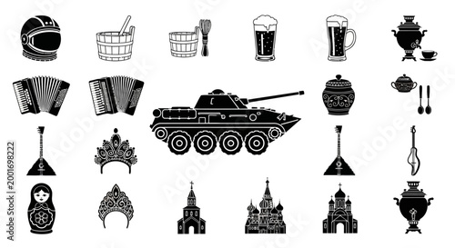 Diverse collection of iconic Russian symbols and cultural elements in monochrome silhouette illustrations, encompassing traditional heritage, history, and national identity