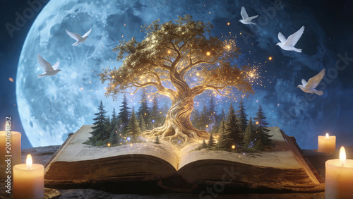 Open book with tree and birds under a bright moon at night