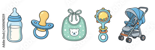 Set of blue baby boy items including a milk bottle, pacifier, bib with a bear, rattle, and stroller in a cute cartoon illustration style for newborn essentials