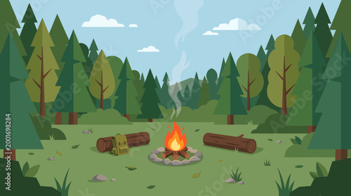 People gather around campfire in forest clearing with trees and logs nearby outdoors