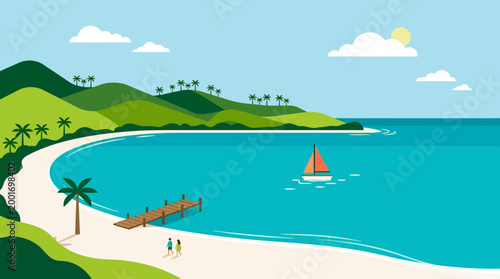 People relax on a sandy beach with palm trees and sailboats offshore near a tropical island landscape
