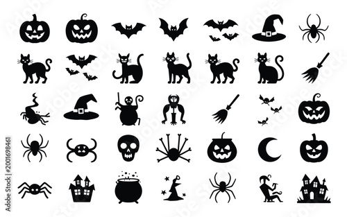 Eerie black silhouette collection of halloween themed icons featuring cats bats jack o' lanterns witches spiders and mystical symbols against a stark white background for spooky