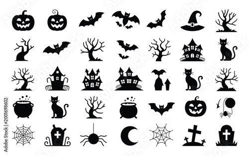 Eerie halloween themed silhouette collection featuring carved pumpkins bats haunted houses black cats and classic symbols like cauldrons spiders and graveyard icons arranged