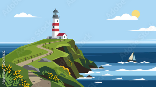 A serene lighthouse stands on a green cliff overlooking ocean waves and a sailboat under a sunny sky.
