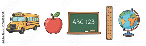 Set of cartoon school supplies including a yellow bus, red apple, green chalkboard, wooden ruler, and a globe, representing education and learning concepts in a simple illustrative style