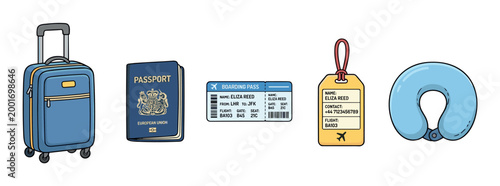 Set of cartoon travel essentials including a blue suitcase, passport, boarding pass, luggage tag, and neck pillow for a vacation or business trip concept