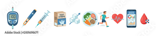 Set of diabetes management icons showing a glucometer, insulin pen, healthy food, exercise, and a mobile app for monitoring blood sugar levels and maintaining a healthy lifestyle