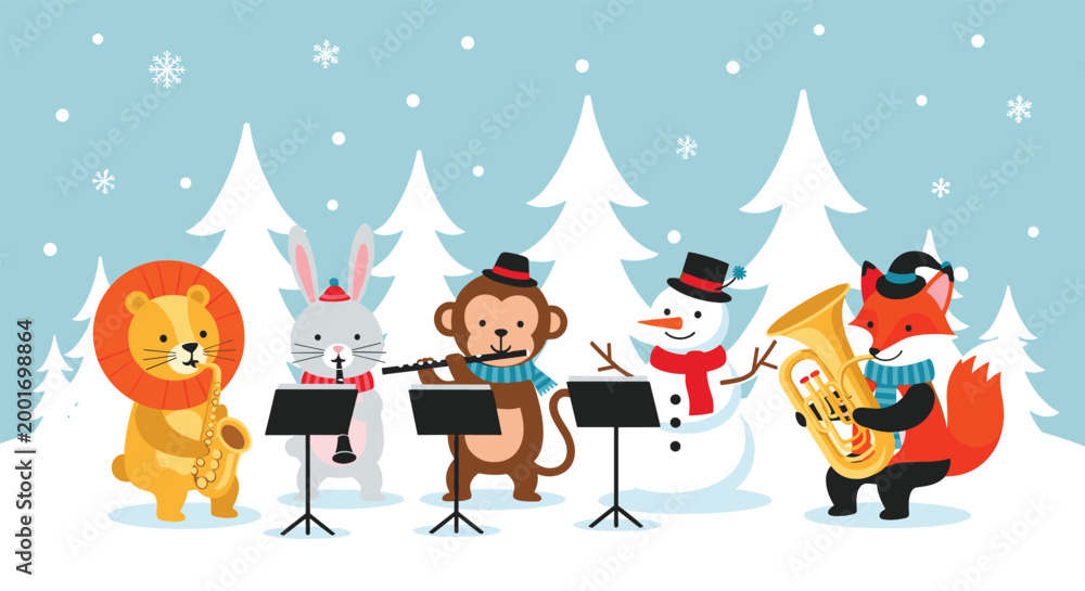 Obraz premium Cute animal band including a lion, rabbit, and monkey plays music in a snowy forest with a snowman and fox.