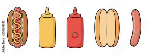 Cartoon set of hot dog ingredients and a finished sandwich with sausage, bun, ketchup, and mustard bottles in a flat illustration style