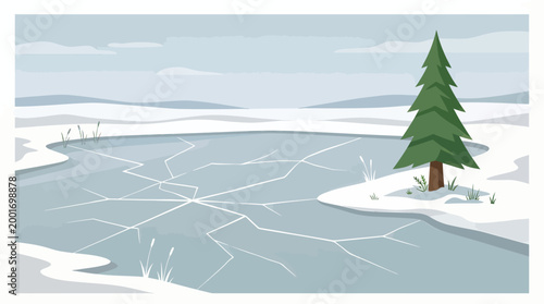 A lone pine tree stands on a snowy island in a frozen lake with cracked ice and a cloudy sky.