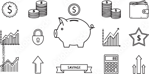 Saving Finance Money Outline Icons Set Isolated on White Background