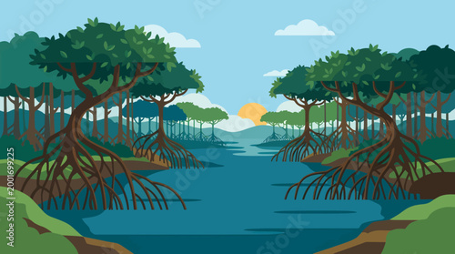 A serene illustration of trees with exposed roots standing in calm water at sunrise.