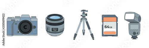 Professional photography gear and accessories set with a digital camera, prime lens, tripod, memory card, and speedlight flash in a flat vector illustration style