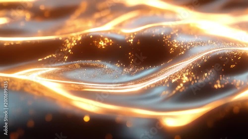 A dark abstract background with smoothly flowing waves of black metal and bright golden contours