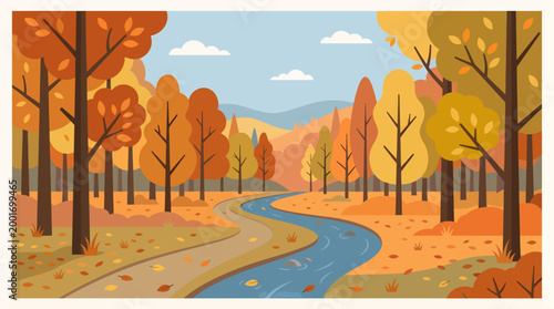 A serene autumn landscape with trees river and mountains under blue sky with clouds