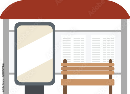 Flat Vector Illustration of Bus Stop Shelter with Blank Billboard and Bench. Perfect for urban planning concepts, outdoor marketing, street furniture icons, and public transportation infographics.
