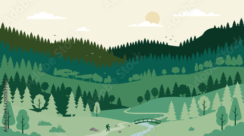 Serene landscape with forest and river rolling hills and trees under sunny sky