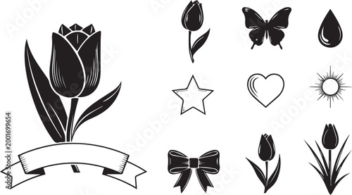 Tulip Floral Decorative Silhouette Elements Set Isolated on White Background