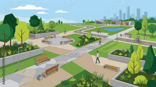 Aerial view of people relaxing in an urban city park with greenery and benches on a sunny day