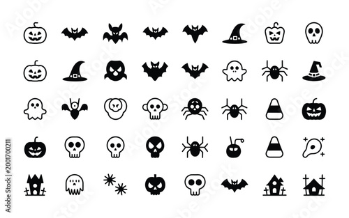 Eerie black silhouette icons collection featuring iconic halloween symbols like jack o' lanterns bats ghosts spiders and skulls against a stark white background for spooky