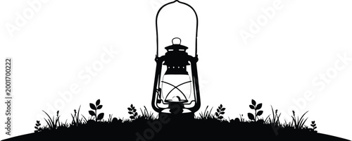 Vintage Oil Lantern Silhouette on Grassy Hill Metaphor for Guidance Discovery and Light in Darkness Vector Illustration