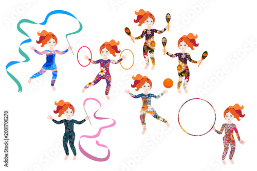 Girls gymnasts in beautiful sports suits. Adorable collection. Isolated on white background. Design elements
