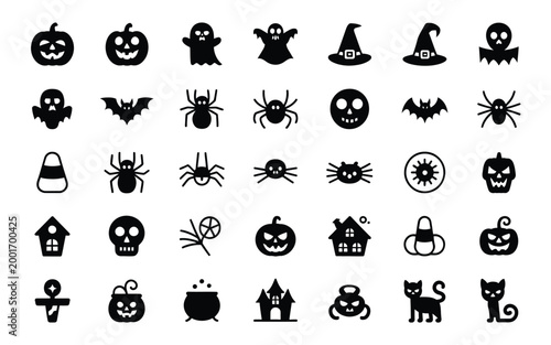 Vibrant halloween themed silhouette icons collection featuring eerie ghosts spooky jack o' lanterns and mystical black cats against a stark white background for festive seasonal