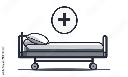 Hospital bed with medical cross icon vector illustration in flat design style.