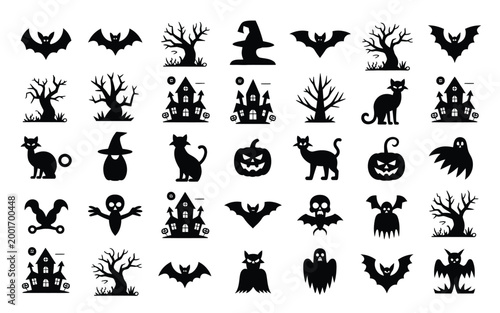 Eerie black silhouette collection featuring haunted house icons spooky cats jack o' lanterns and mystical bats against a stark white background for halloween themed designs