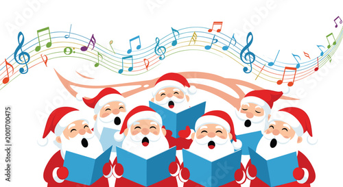 Group of happy santa claus characters sing christmas carols together with colorful musical notes in the sky.