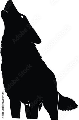 Silhouette of a howling wolf against a white background