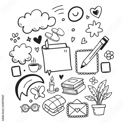 Cozy Scrapbook Elements Collection – Hand Drawn Doodle Lifestyle Line Art Set