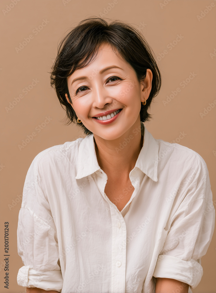 Fototapeta premium Smiling middle aged Japanese woman in white shirt on beige background