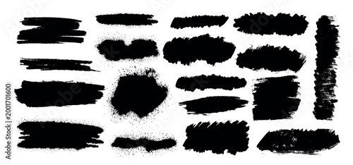 Set of drawn grunge brush strokes and spots. Straight black ink lines elements. Smudge abstract shape stains