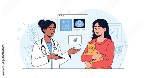 Female veterinarian explaining medical scan results of a pet cat to a concerned owner in a modern veterinary clinic.
