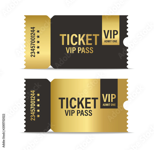 Vip Golden ticket mockup set. Luxury style and gold colors template Tickets Set. For cinema, sale coupon, circus, theater, festival. Minimalist coupons. Isolated background