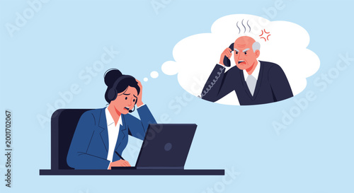 Stressed customer service representative with a headache dealing with a difficult and angry caller on the telephone.
