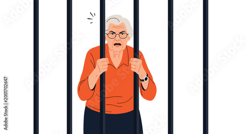 Angry elderly woman wearing glasses and an orange shirt looks out from behind black prison bars in a cell.