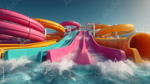 colorful water park slides splashing pool summer fun aqua park attraction adventure recreation entertainment