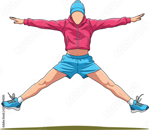 Energetic woman in athletic wear performing a jumping jack exercise.