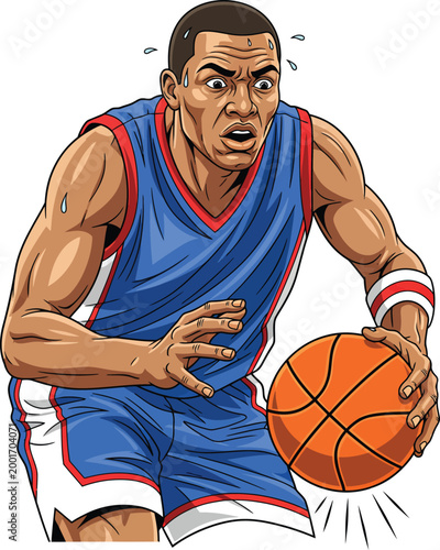 Intense male basketball player dribbling the ball with focus.