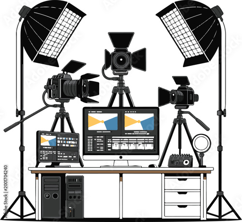 Home studio setup for filmmaking with cameras and lights