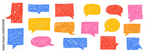 Speech bubble crayon scribble doodle frame set. Text box chalk texture comic talk balloon in sketch style. Pencil dialog balloon,