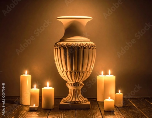 Ornate vase with candles on a wooden surface, soft lighting