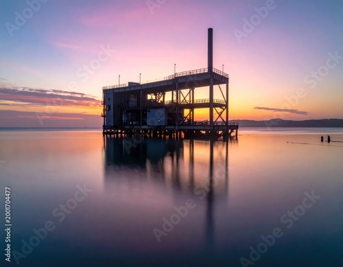 Modern structure floats at dawn over tranquil waters