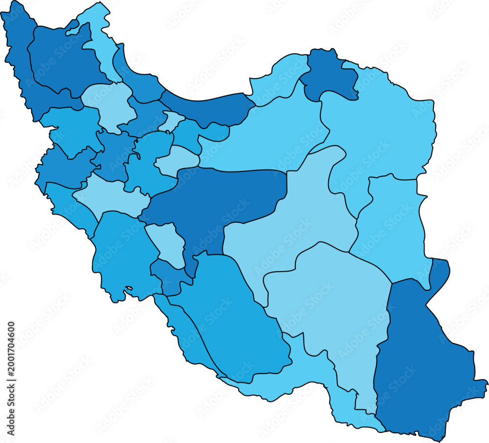 Obraz premium Iran Political Map with Provinces – Blue Color Gradient Flat Vector, Administrative Regions, Editable