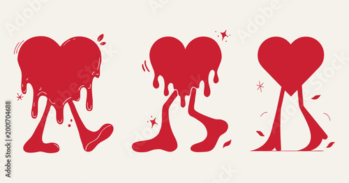 Surreal Melting Walking Heart Cartoon Illustration – Cute Dripping Love Vector set