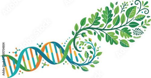 DNA helix structure with growing green leaves for biotechnology and nature concept